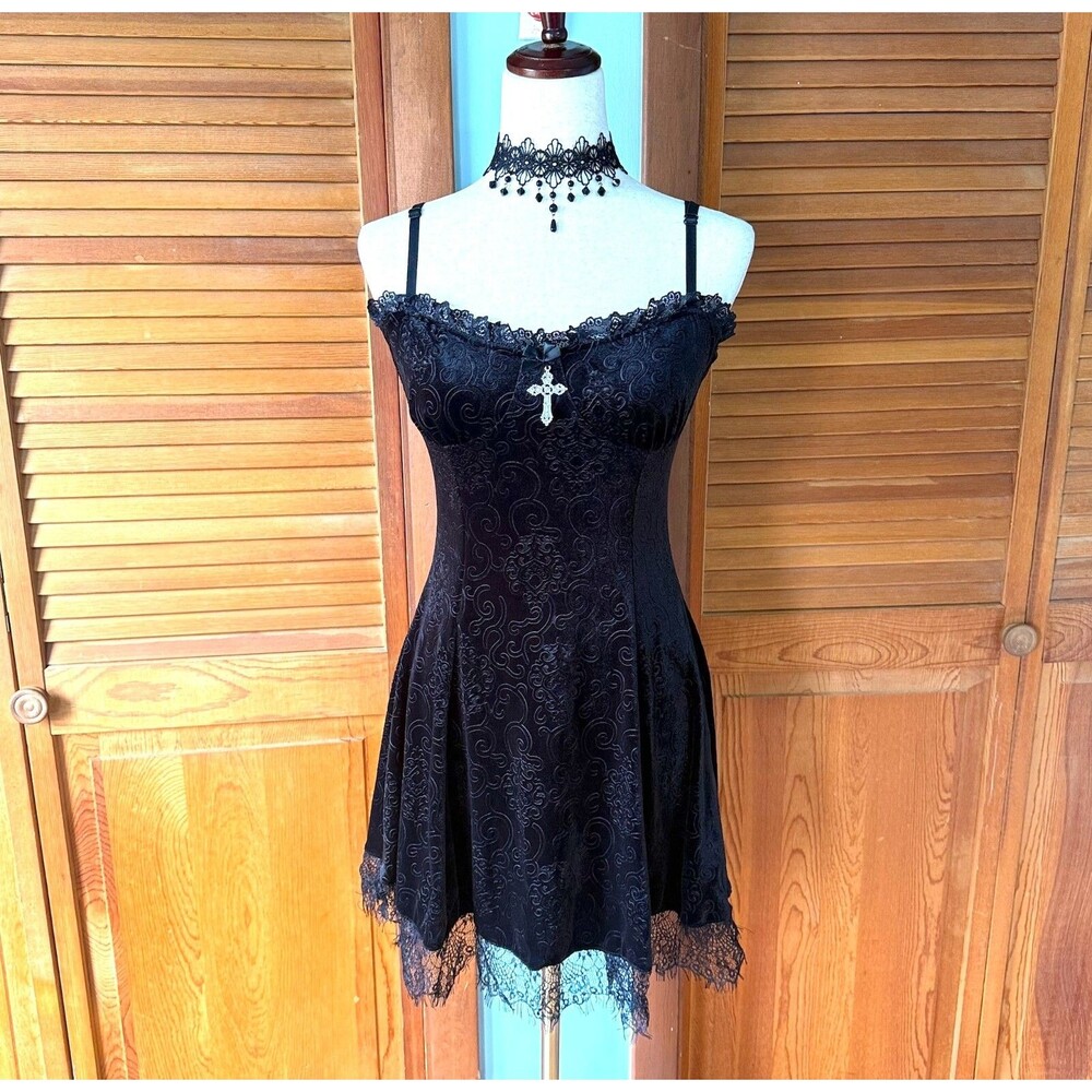 Gothic Lolita Victorian My Summer Woes Black Soft Jacquard Velvet Mini Dress M - Picture 11 of 11